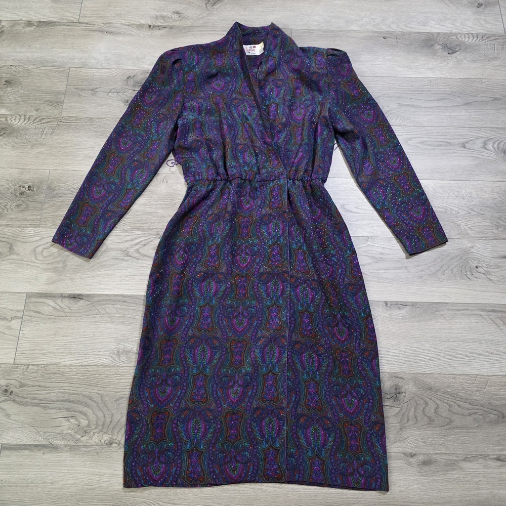 Vintage Caron Chicago Dress Women's Size 12 Long Sleeve Multicolor NO BELT